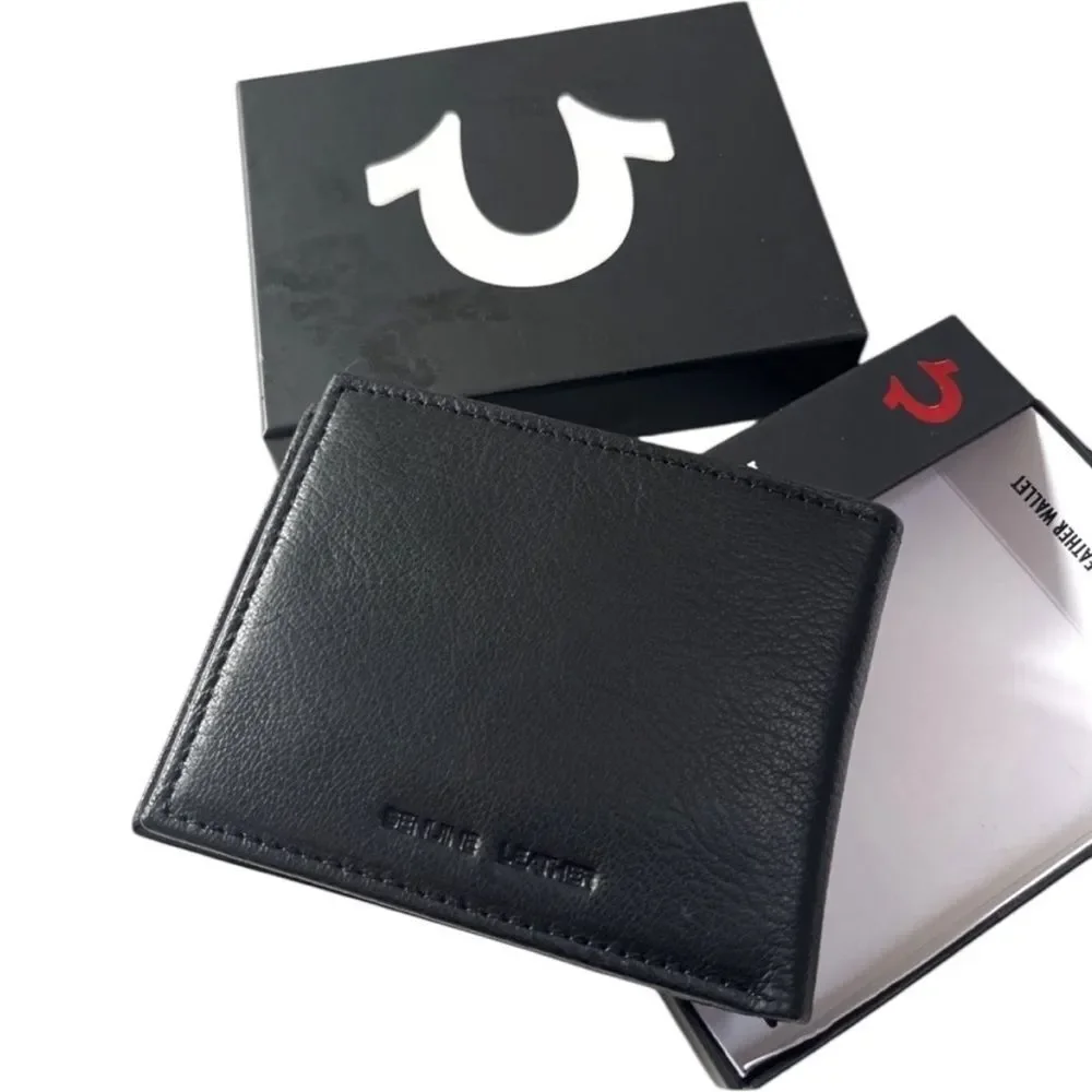 New TRUE RELIGION Slim Bifold Wallet Leather Logo Black Boxed ID Horner RFID‎ X
